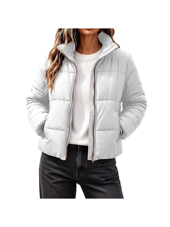 Women's Cropped Puffer Jacket Stand Collar Long Sleeve Lightweight Full Zip Short Quilted Padded Winter Coat Casual Warm Puffy Outerwear