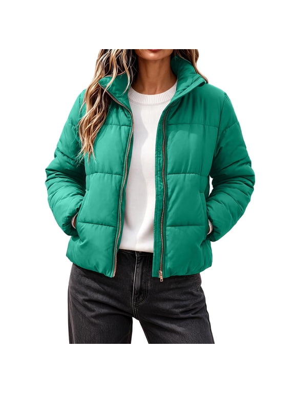 Women's Cropped Puffer Jacket Stand Collar Long Sleeve Lightweight Full Zip Short Quilted Padded Winter Coat Casual Warm Puffy Outerwear