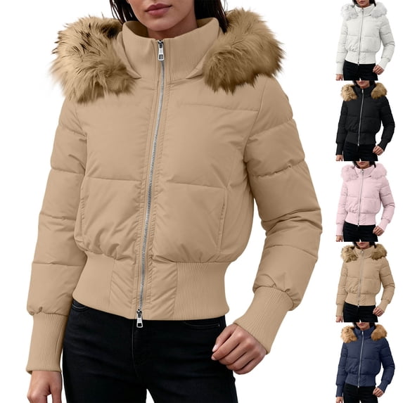 Purcolt Women's Cropped Puffer Jacket with Furry Hood Long Sleeve Full Zip Warm Winter Coats Casual Thick Outerwear