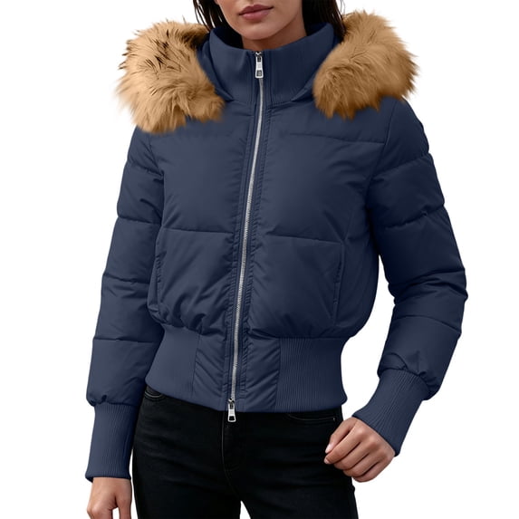 Purcolt Women's Cropped Puffer Jacket with Furry Hood Long Sleeve Full Zip Warm Winter Coats Casual Thick Outerwear