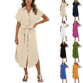 thumbnail image 1 of Purcolt Women's Elegant Button down Belted Midi Dress Summer Casual Rolled Short Sleeve V Neck Business Work Office Shirt Dresses with Pockets, 1 of 9