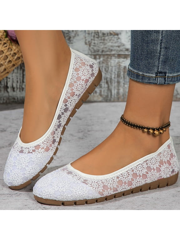 Women's Embroidery Mesh Ballet Flats Breathable Casual Round Toe Shallow Flat Shoes Soft Sole Slip on Dailywear Dress Shoes
