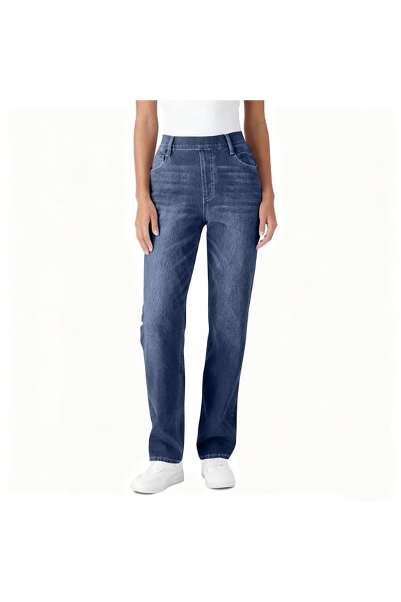 Women's Faux Denim Straight Leg Pants Casual Soft Elastic Waisted Slimming Trousers with Pockets for Work Office Vacation