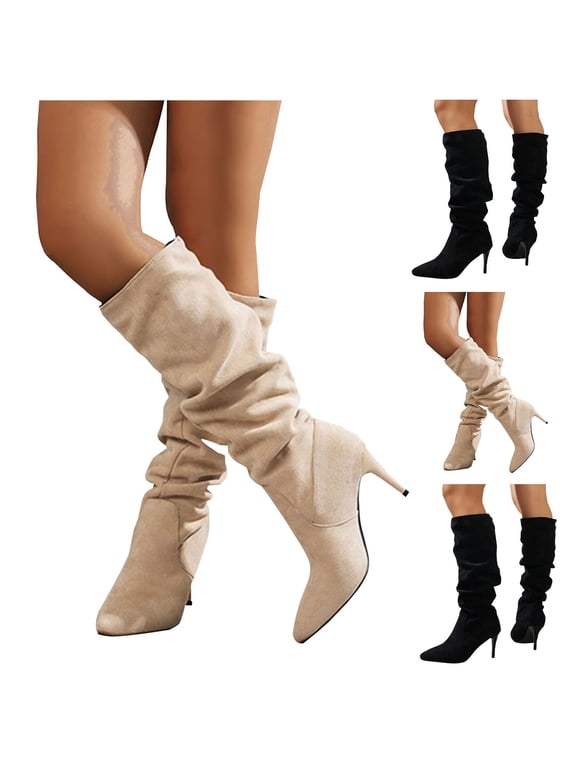 Women's Faux Suede Boots Comfortable Casual Slouchy Ruched Pointed Toe High Heels Below the Knee Boots Tube Boot Shoes