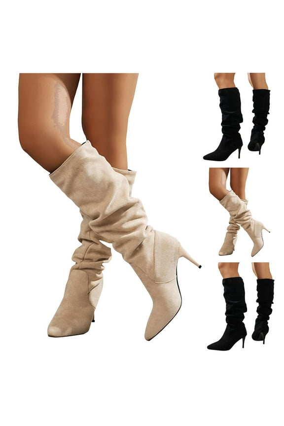 Women's Faux Suede Boots Comfortable Casual Slouchy Ruched Pointed Toe High Heels Below the Knee Boots Tube Boot Shoes
