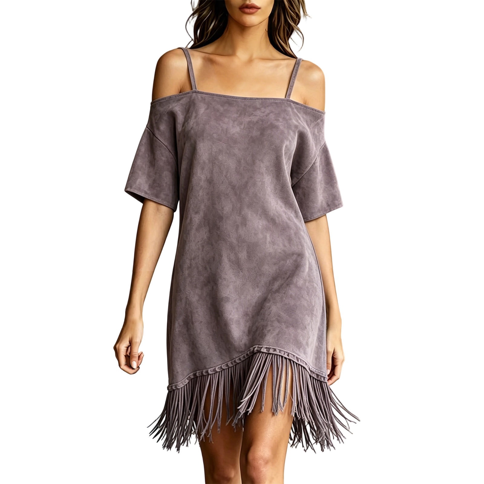 Purcolt Women's Faux Suede Dresses Vintage Boho Off Shoulder Short Sleeve Short Dresses Comfort Fringe Hem Loose Fit Tunic A-Linen Dress, Size: 3XL