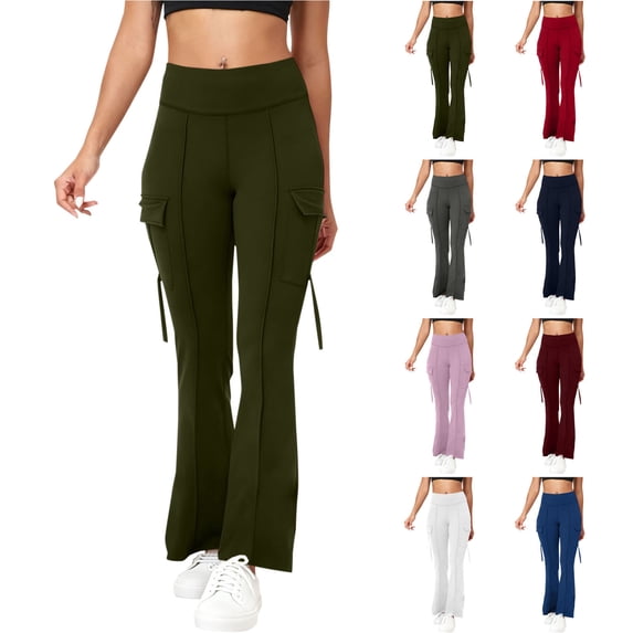 Purcolt Women's Flare Cargo Pants, High Waisted Tummy Control Leggings Casual Workout Yoga Pants with Side Pockets