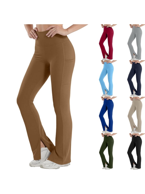 Women's Flare Leggings Buttery Soft Tummy Control Elastic Waist Pants Stretchy Side Split Bell Bottom Pants Casual Straight Leg Tight Pants