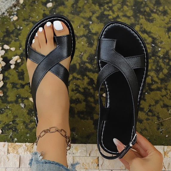 Purcolt Women's Flat Sandals Braided Strap Round Open Toe Flip Flops Casual Ring Th Ong Sandals Trendy Beach Faux PU Leather Ankle Strap Slippers