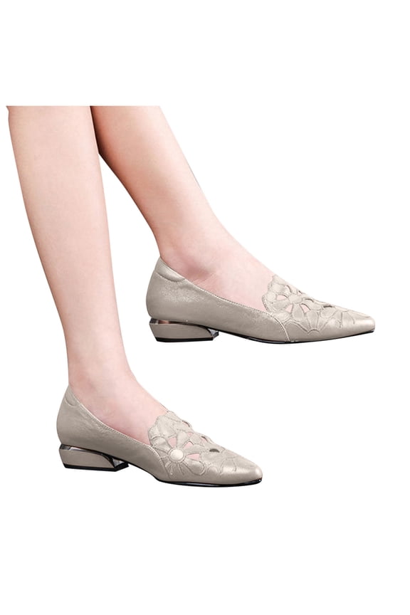 Women's Floral Ballet Flats Dressy Casual PU Leather Pointed Toe Block Low Heel Cutout Slip On Loafers Business Dress Shoes for Work Office