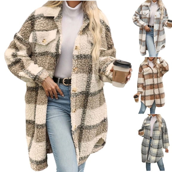 Purcolt Women's Fuzzy Fleece Long Jackets Flannel Plaid Trench Coat Cozy Lapel Button Down Sherpa Cardigan Outwear