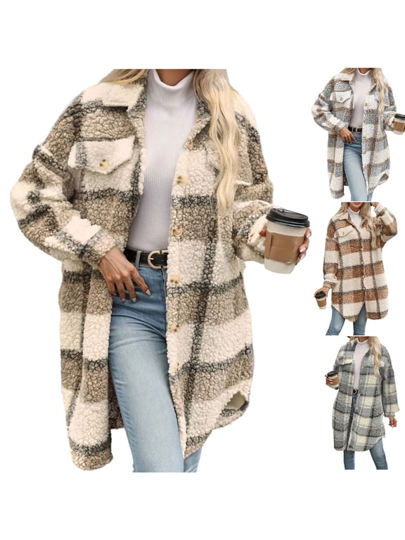 Women's Fuzzy Fleece Long Jackets Flannel Plaid Trench Coat Cozy Lapel Button Down Sherpa Cardigan Outwear