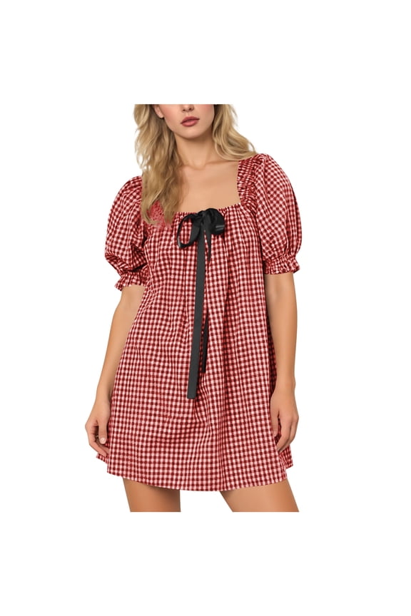 Women's Gingham Babydoll Mini Dress Puff Short Sleeve Summer Sundress Square Neck Bow Tie A-Line Swing Short Dress