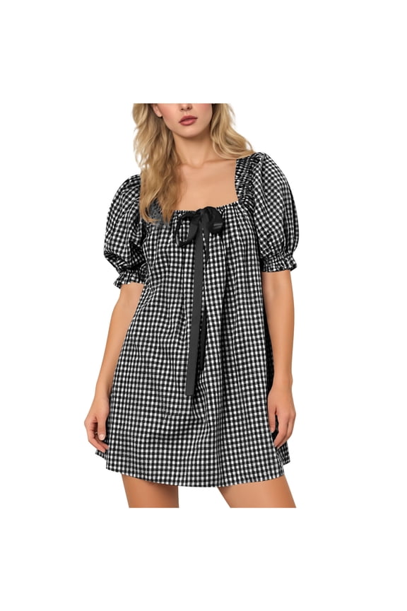 Women's Gingham Babydoll Mini Dress Puff Short Sleeve Summer Sundress Square Neck Bow Tie A-Line Swing Short Dress