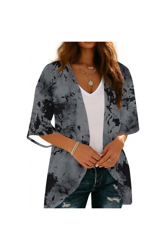 Women's Hawaii Kimono Cardigans Lightweight Casual 3/4 Sleeve Loose Open Front Cardigans Summer Beach Cover up Tops
