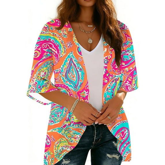 Purcolt Women's Hawaii Kimono Cardigans Lightweight Casual 3/4 Sleeve Loose Open Front Cardigans Summer Beach Cover up Tops