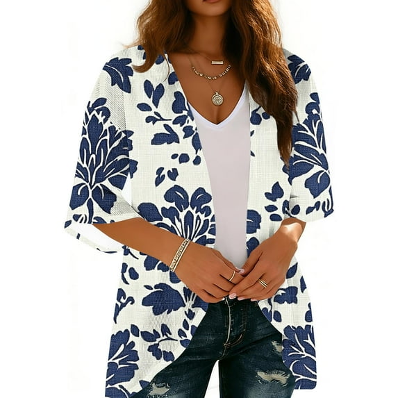 Purcolt Women's Hawaii Kimono Cardigans Lightweight Casual 3/4 Sleeve Loose Open Front Cardigans Summer Beach Cover up Tops