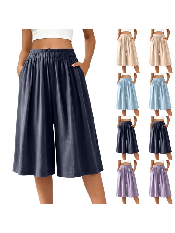 Women's High Waist Wide Leg Culottes Elastic Waist Cropped Palazzo Pants Summer Casual Loose Fit Capri Pants with Pockets