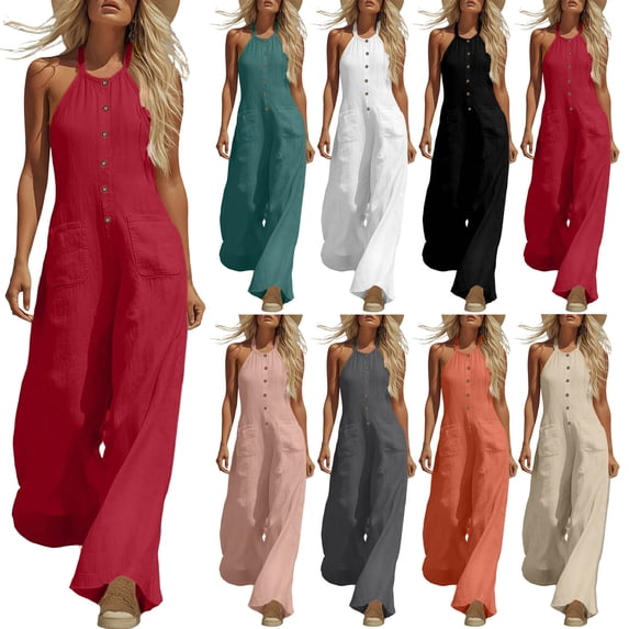 Purcolt Women's Jumpsuits, Dressy Casual Summer 2026 Halter Neck, Button-Front, Sleeveless, Wide-Leg Pants Rompers with Pockets
