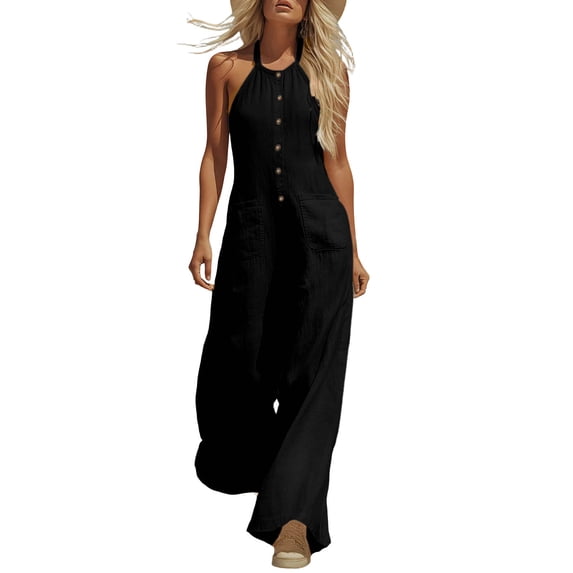 Purcolt Women's Jumpsuits, Dressy Casual Summer 2026 Halter Neck, Button-Front, Sleeveless, Wide-Leg Pants Rompers with Pockets
