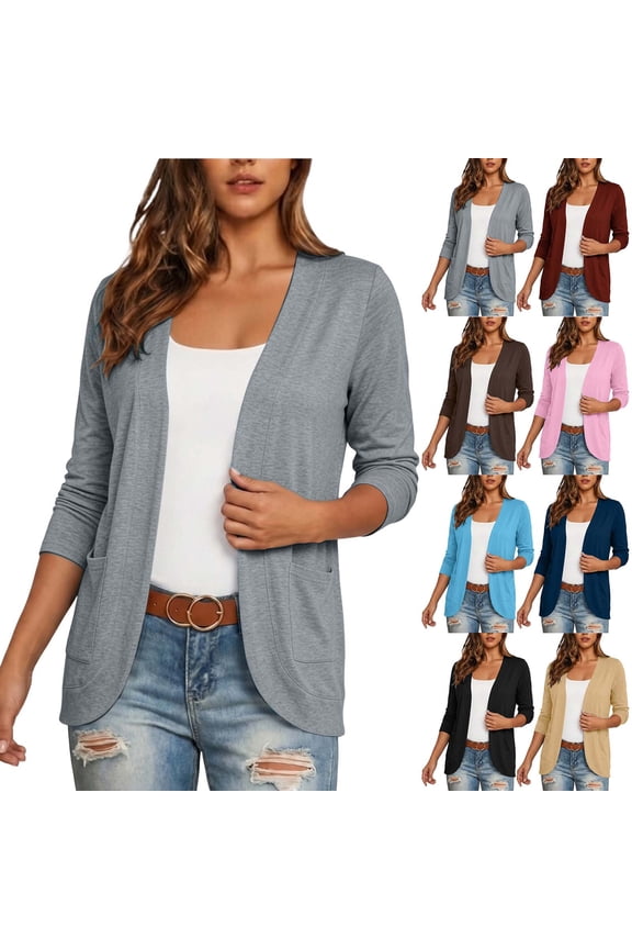 Women's Lightweight Open Front Cardigan Solid Color Long Sleeve Casual Soft Knit Cardigan Sweaters Outerwear with Pockets