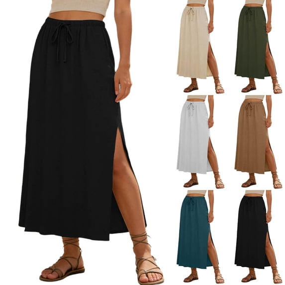 Purcolt Women's Linen Blend Maxi Length Skirt, Elastic Waist Side Slit Clean Seam Detail Flowy A-Line Long Silhouette for Beach Vacation and Resort Wear