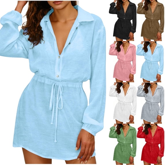Purcolt Women's Long Sleeve Mini Dress Dressy Casual Collared Button Down Shirt Dresses Summer Beach Drawstring Sun Protection Cover Ups