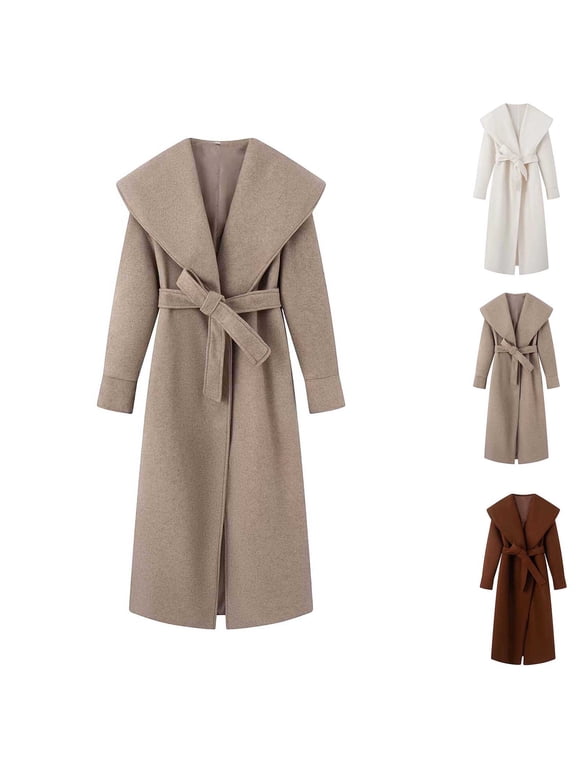 Women's Long Wrap Coat, Fall Winter Belted Open Front Maxi Trench Jacket with Oversized Shawl Collar, Fully Lined Elegant Outerwear for Work Travel
