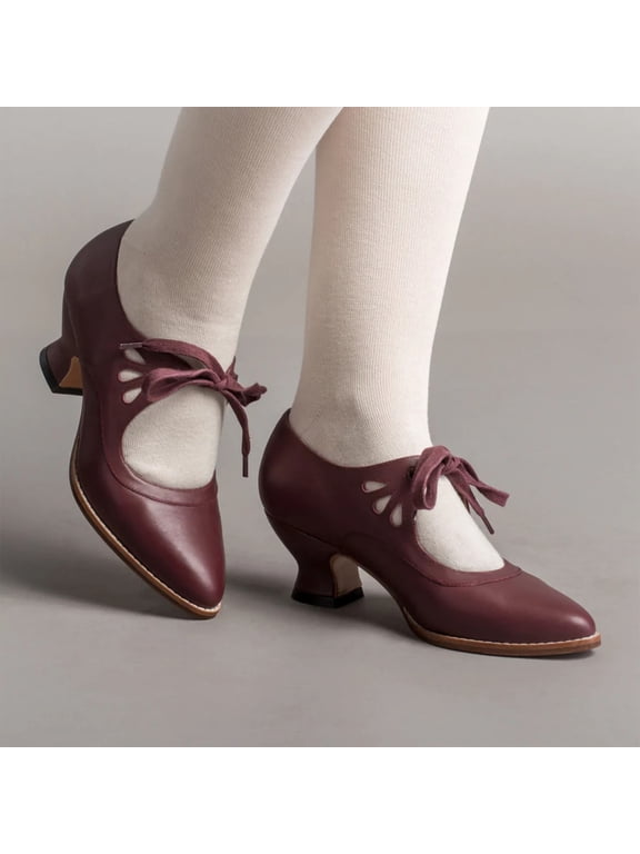 Women's Mary Jane Shoes Vintage Cute Pointed Toe Block Heel Pumps Dressy Cutout Lace Up Shoes for Wedding Party Club