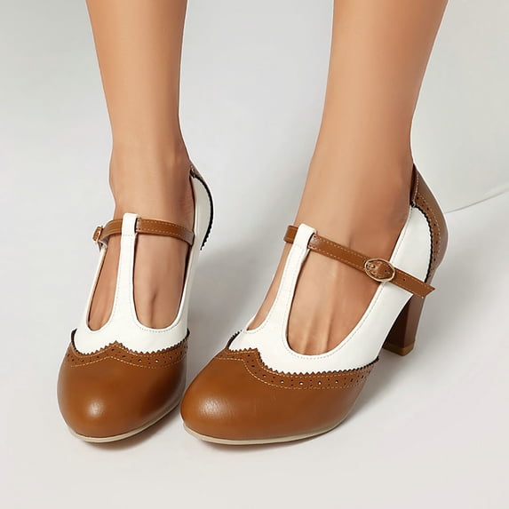 Purcolt Women's Mary Jane Shoes Vintage PU Leather Round Toe Cut Out Buckle T Strap Heeled Pumps Dressy Shoes for Wedding Party Club