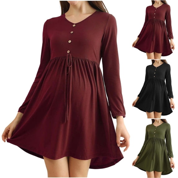 Purcolt Women's Maternity Mini Dress Casual Long Sleeve Crew Neck Button Flared Dresses Spring Summer Loose Fit Pregnancy Dresses