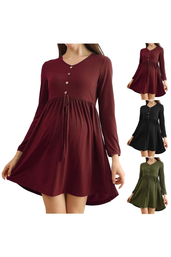 Women's Maternity Mini Dress Casual Long Sleeve Crew Neck Button Flared Dresses Spring Summer Loose Fit Pregnancy Dresses