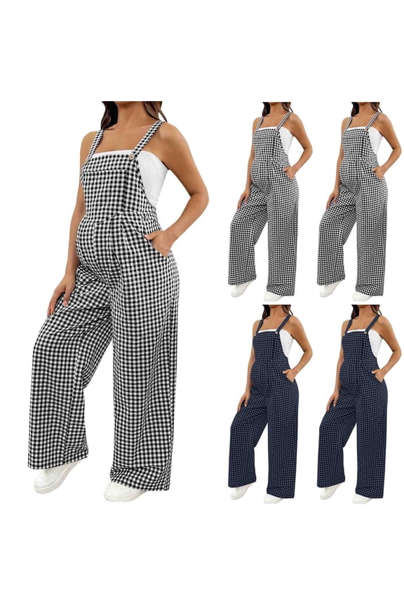 Women's Maternity Plaid Jumpsuits Casual Soft Spaghetti Strap Wide Leg Pregnancy Overalls Summer Lounge Pants Trousers