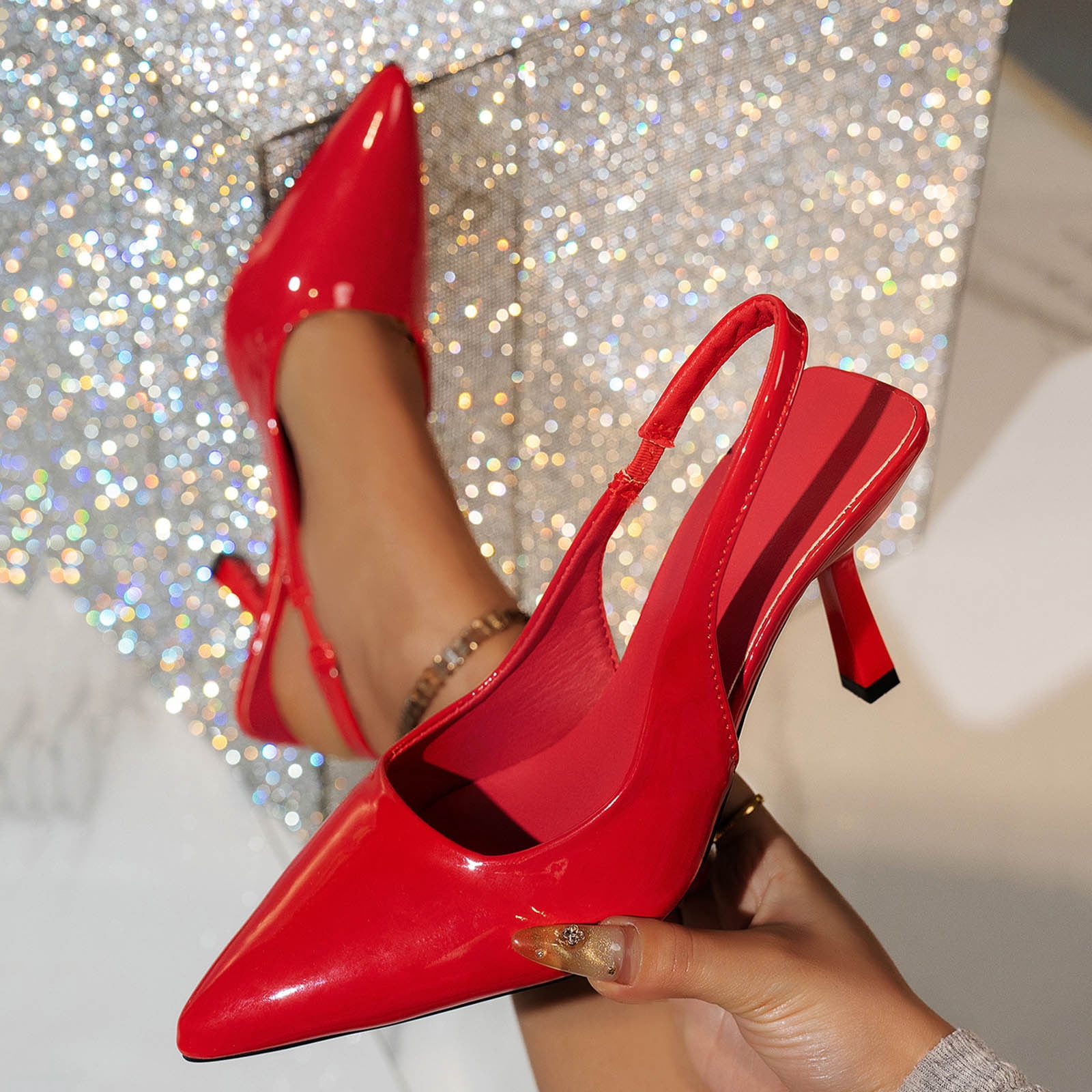 ladies dress shoes medium heel Purcolt Women's Mid Heel Slingback Pumps Dress Shoes Pointed Closed Toe Heels Comfy Dress Shoes with Ankle Strap, Size: 7, Red