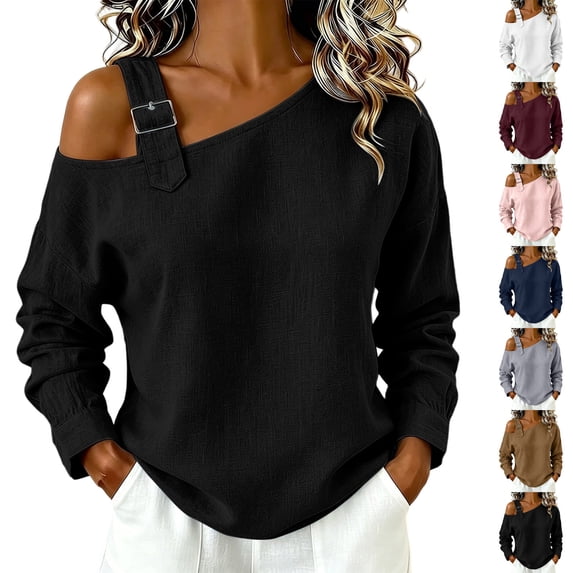 Purcolt Women's One Shoulder Sweatshirt Long Sleeve Slouchy Pullover with Buckle Strap for Lounge Streetwear Outfits Spring Fall Layering Everyday Tops