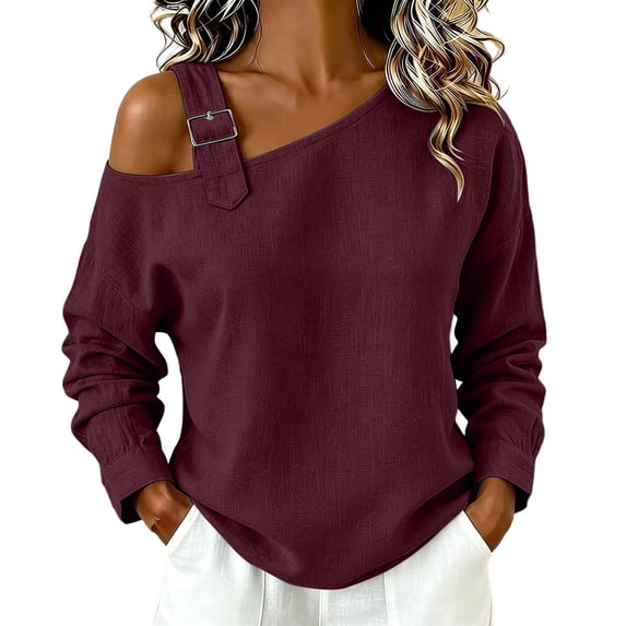 Purcolt Women's One Shoulder Sweatshirt Long Sleeve Slouchy Pullover with Buckle Strap for Lounge Streetwear Outfits Spring Fall Layering Everyday Tops