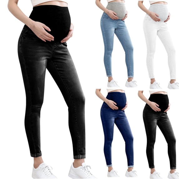 Purcolt Women's Over The Belly Maternity Ankle Jeans Casual Skinny Denim Pregnancy Pants with Pockets