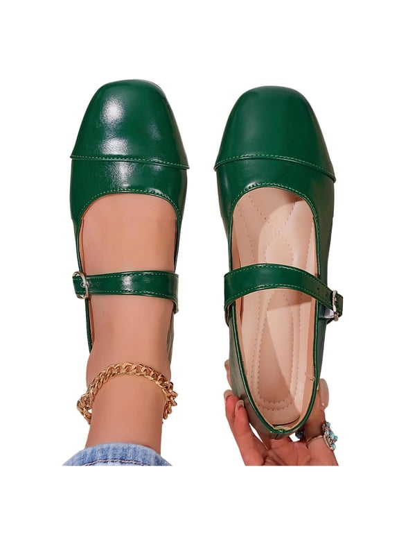 Women's PU Leather Mary Jane Flats Comfort Breathable Square Toe Slip on Flat Shoes Formal Elegant Cushion Sole Shallow Mouth Dress Shoes with Buckle Strap