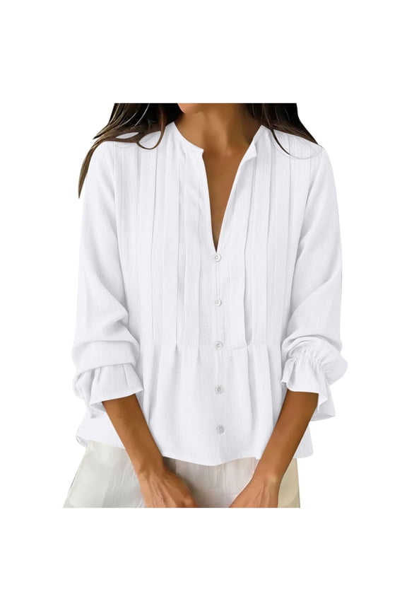 Women's Pleated Button Shirts Dressy Cute V Neck Puff Long Sleeve Blouses Summer Casual Pumple Hem Tunic Tops for Beach Vacation Party