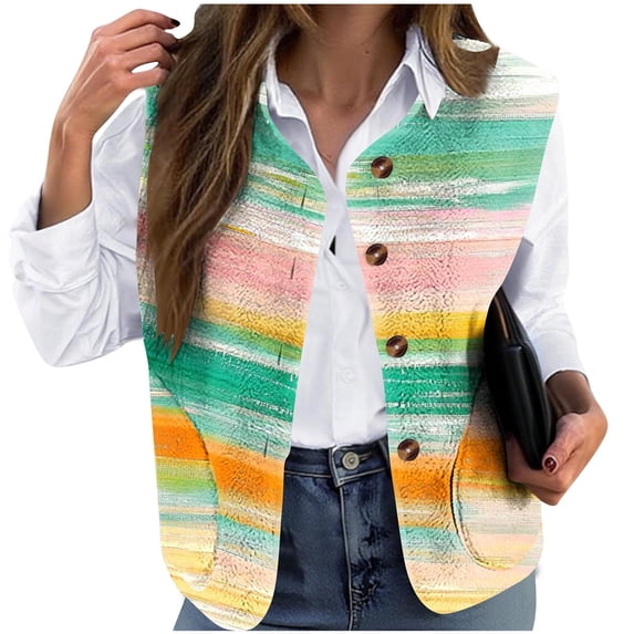 Purcolt Women's Printed Sleeveless Vest Jacket V Neck Button Down Fall Winter Loose Fit Casual Lightweight Outerwear with Pockets