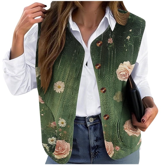 Purcolt Women's Printed Sleeveless Vest Jacket V Neck Button Down Fall Winter Loose Fit Casual Lightweight Outerwear with Pockets