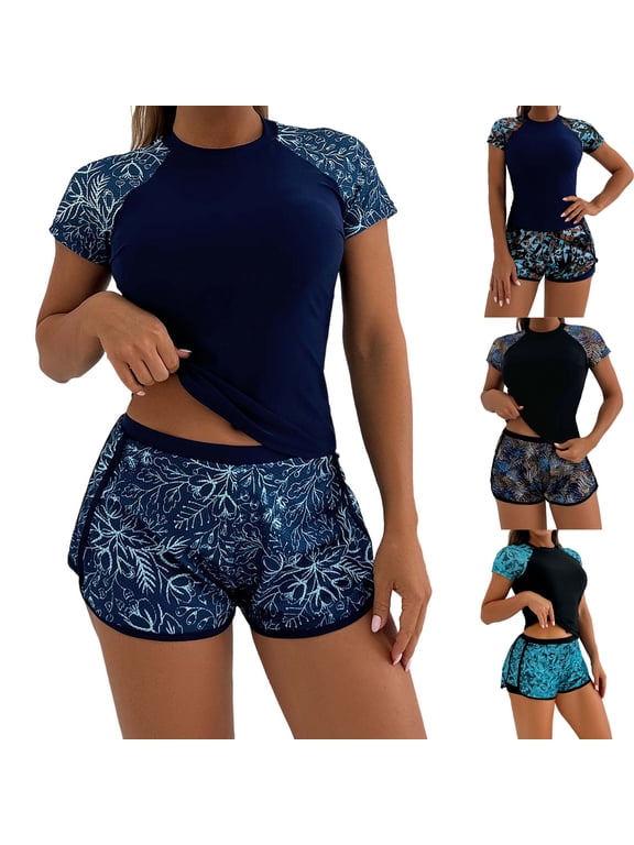 Women's Rash Guard Two Piece Sets Swimsuit UPF 50+ Tropical Hawaiian Print Short Sleeve Swim Shirts with Boyshorts Quick Drying Bathing Suit Swimwears