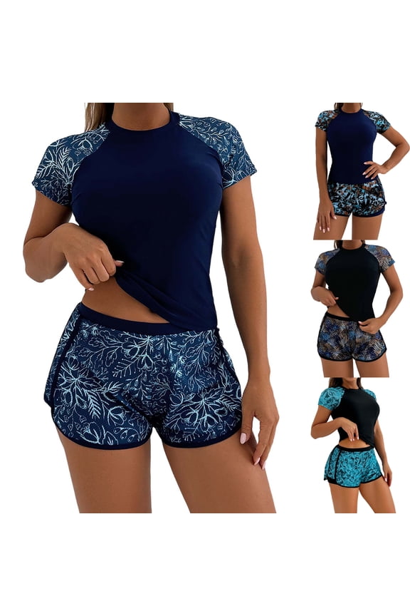 Women's Rash Guard Two Piece Sets Swimsuit UPF 50+ Tropical Hawaiian Print Short Sleeve Swim Shirts with Boyshorts Quick Drying Bathing Suit Swimwears