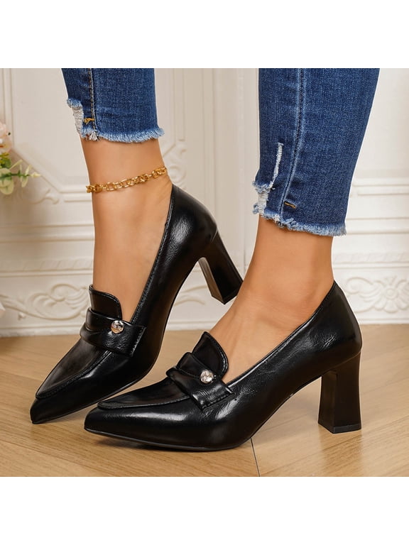 Women's Retro Chunky Block Hight Heels Pumps Shoes Faux PU Leather Pointed Toe Classic Slip On Dress Shoes for Work Office