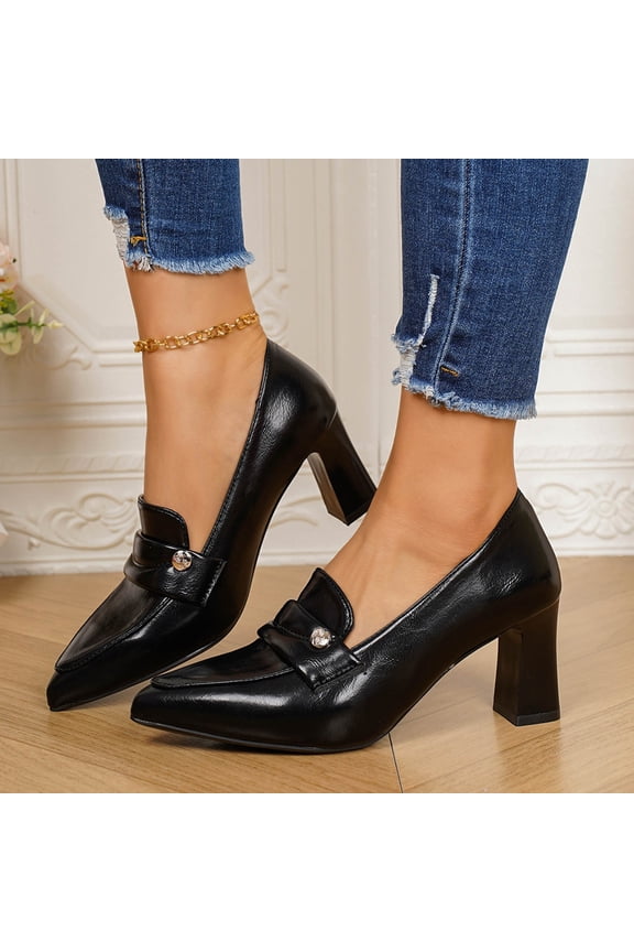 Women's Retro Chunky Block Hight Heels Pumps Shoes Faux PU Leather Pointed Toe Classic Slip On Dress Shoes for Work Office