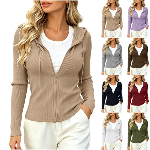 Purcolt Women's Ribbed Knit Hooded Cardigan Sweaters Zip Up Long Sleeve Slim Fit Lightweight Casual Drawstring Hooded Jacket with Pockets