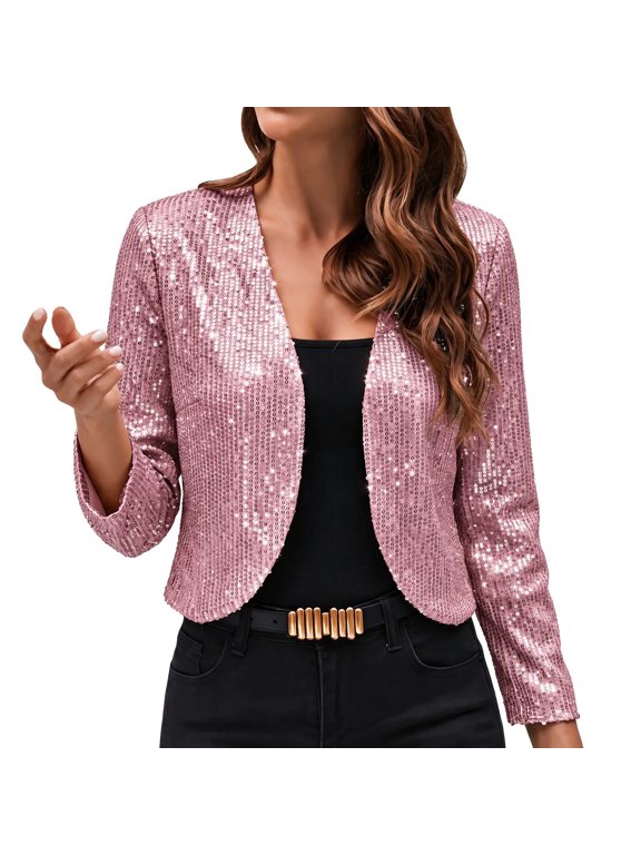 Women's Sequin Cropped Blazer Jackets Open Front Long Sleeve Sparkly Bolero Shrugs Elegant Glitter Short Cardigans for Party Club Night Out Concert Evening Wedding