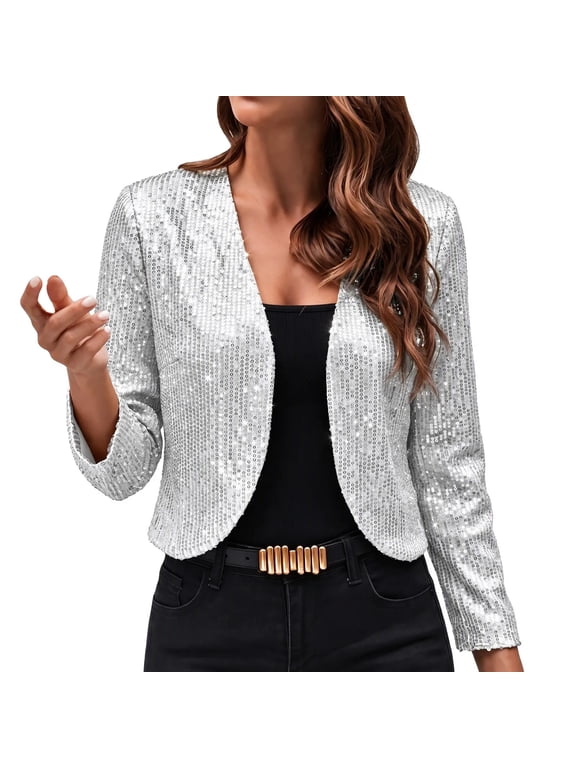 Women's Sequin Cropped Blazer Jackets Open Front Long Sleeve Sparkly Bolero Shrugs Elegant Glitter Short Cardigans for Party Club Night Out Concert Evening Wedding