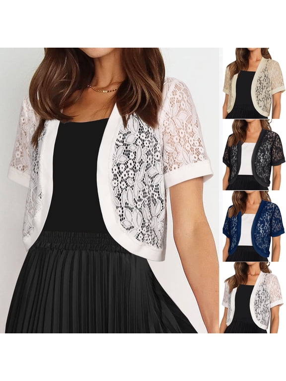 Women's Sheer Floral Lace Cropped Cardigan Elegant Short Sleeve Open Front Shrug Top Summer Casual Jackets for Evening Dresses