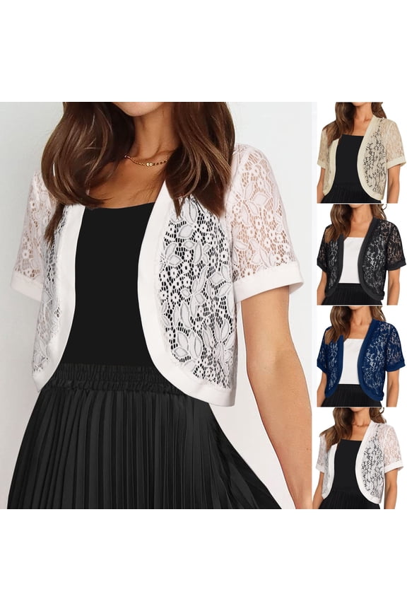 Women's Sheer Floral Lace Cropped Cardigan Elegant Short Sleeve Open Front Shrug Top Summer Casual Jackets for Evening Dresses
